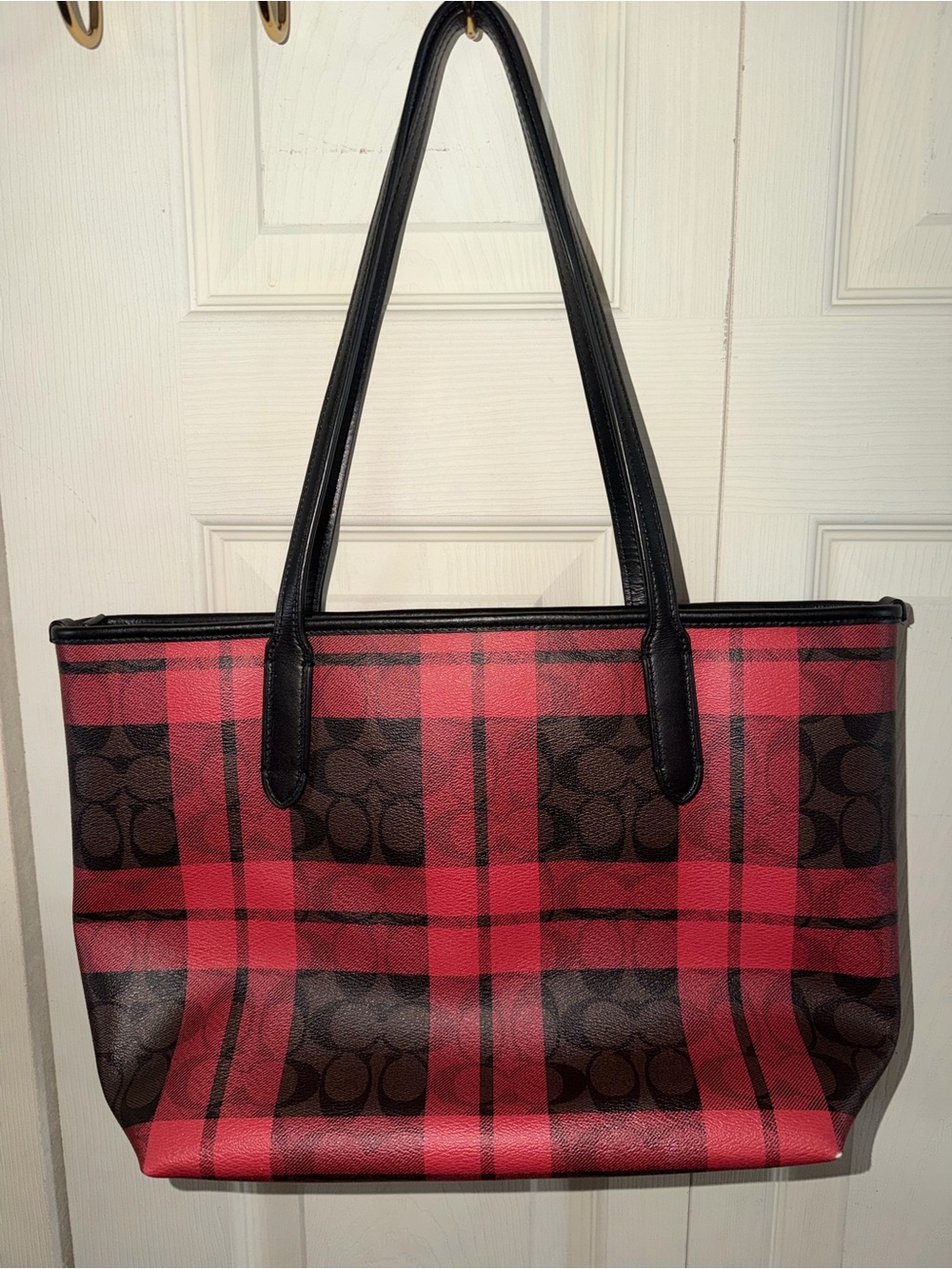 Coach Red and Brown Plaid Signature Tote Bag - Picture 2 of 6